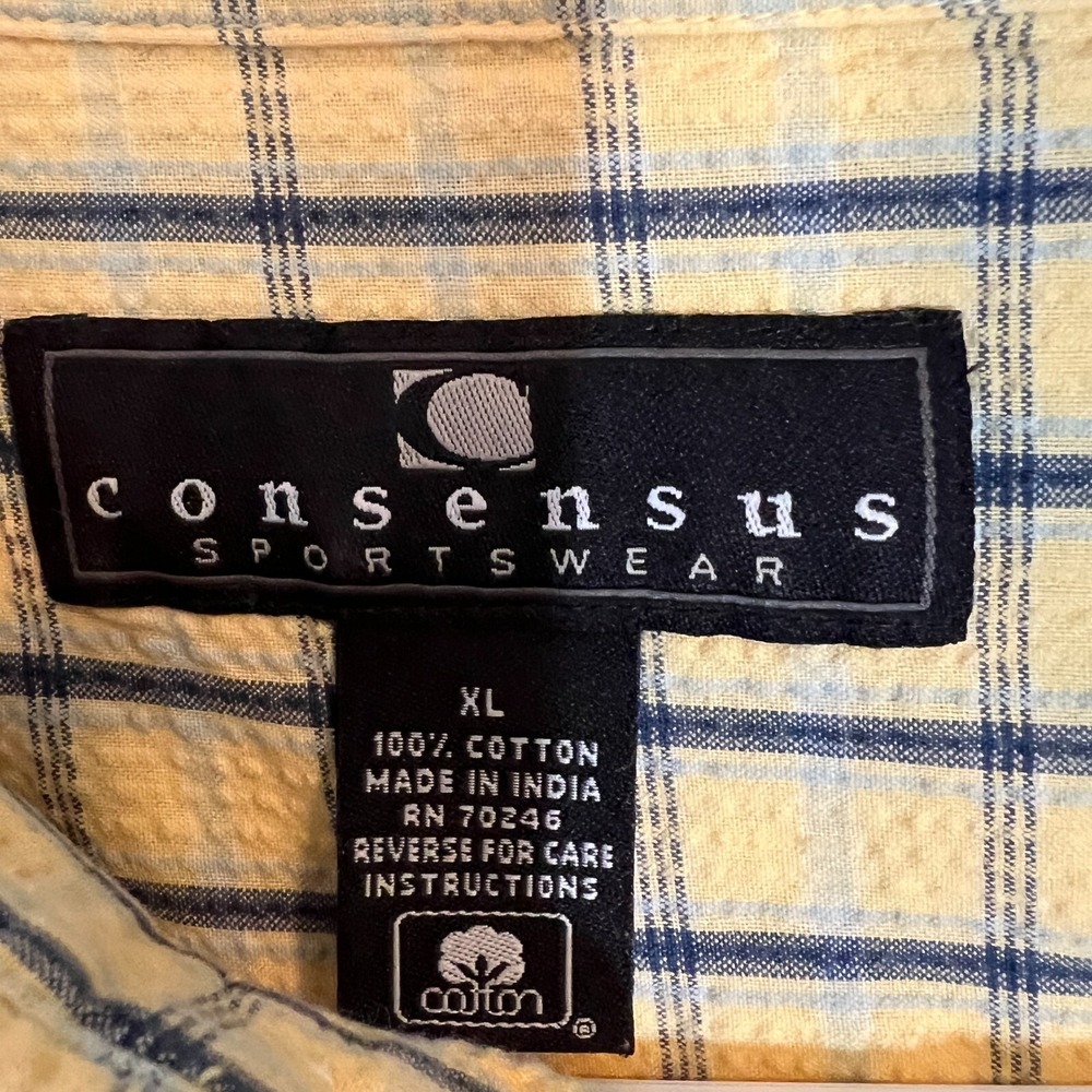 Consensus Sportswear Mens XL Yellow Blue Plaid Short Sleeve Button Up Shirt - Picture 3 of 6